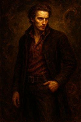 a painting of a man in a brown coat