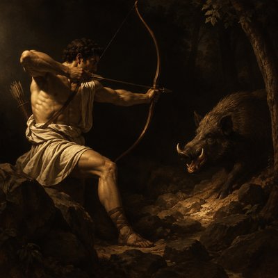 ancient greek athlete shooting a wild boar with bow and arrow