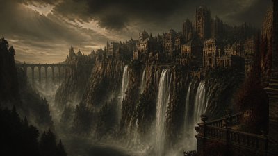 a cliffside city with waterfalls cascading into a misty canyon, wide establishing shot, no people, no text