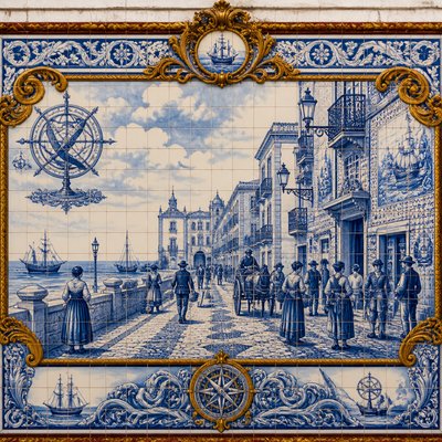 urban street with city activity — Portuguese Art Style