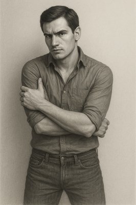 a black and white photo of a man with his arms crossed