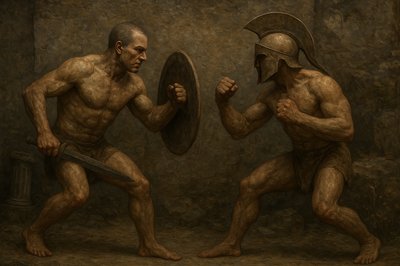 a painting of two men fighting with each other