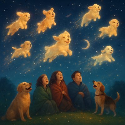 Art Style: A whimsical, magical fantasy photograph with a slight long-exposure effect. The aesthetic should be charming, warm, and full of wonder, like a scene from a high-budget Studio Ghibli film brought to real life.

The Sky (The Shower): The deep, dark night sky is alive with activity. Instead of standard meteor streaks, dozens of glowing, translucent "puppy-meteors" are zooming across the heavens.

The Puppies: They are clearly recognizable as adorable, fluffy puppies—golden retrievers, chunky corgis, fluffy samoyeds, and floppy-eared spaniels.

    Appearance: They emit a soft, warm, bioluminescent glow (golds, creams, and soft blues).

    Motion: They aren't falling tragically; they look playful, soaring and tumbling through space, leaving long, glittering trails of stardust and paw-print sparkles behind them. Let's make sure to include the moon phase we established earlier for continuity! A slender waning crescent moon is visible among the puppy-streaks.

The Foreground Setting: A wide, grassy hill perfect for stargazing.

    The Viewers: A family or group of friends wrapped in cozy blankets are sitting on the grass, looking up with expressions of pure joy and disbelief, pointing at the sky.

    Animal Reaction: On the ground next to them, two real dogs (an earth-bound golden retriever and a beagle) are looking up at the sky, barking happily and wagging their tails wildly at their celestial cousins.

Lighting: The primary light source is the magical, warm glow from the dozens of puppy-meteors streaking overhead, casting soft light on the landscape below.