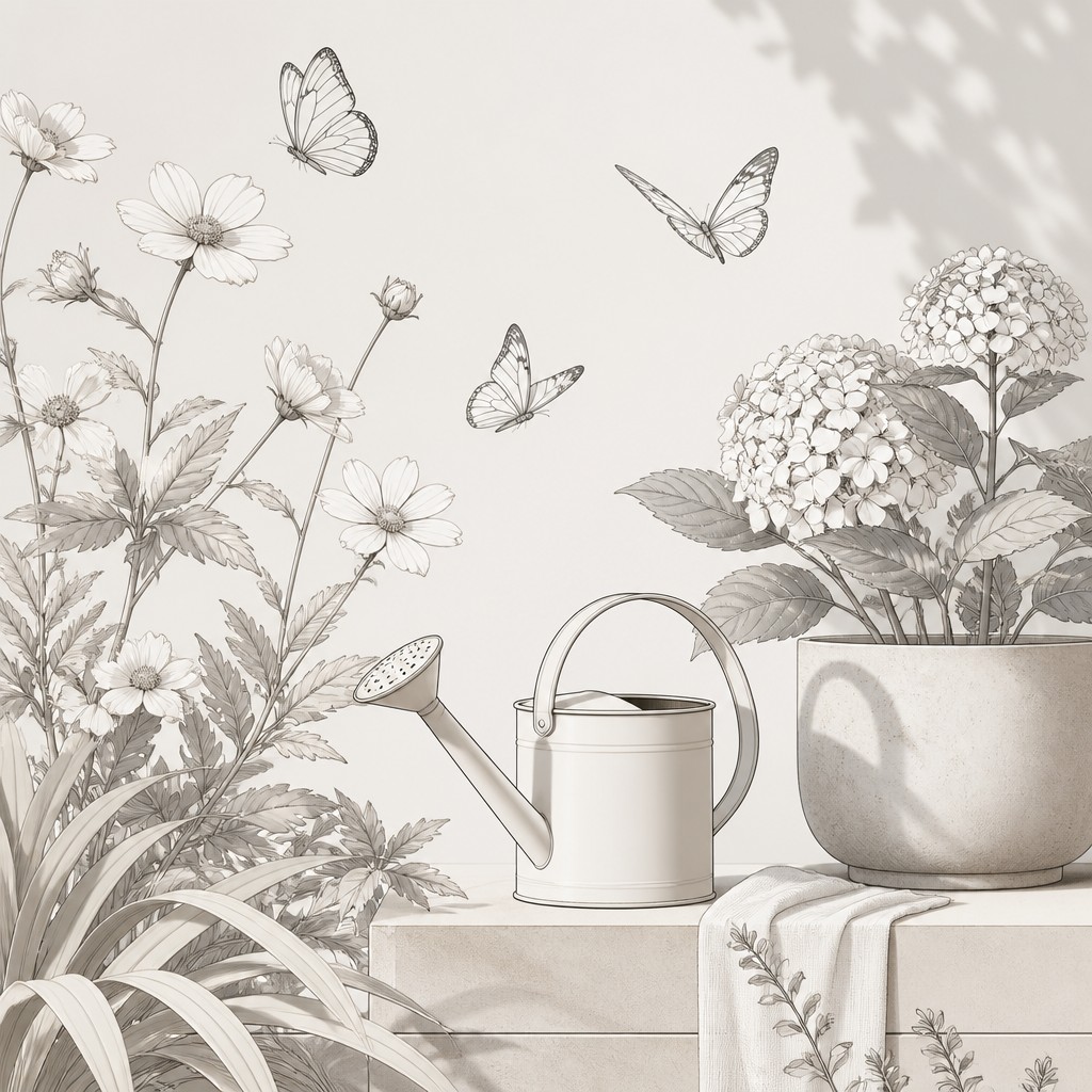 a garden scene with butterflies, flowers and a watering can, clean uncolored line art, no text