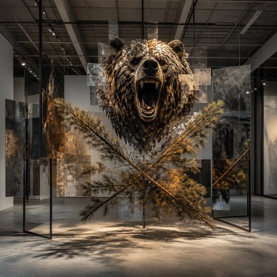 a roaring bear head above crossed pine branches, bold graphic composition on a plain background, no text