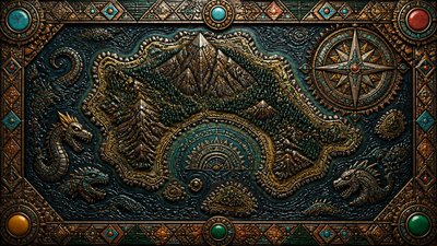 a map of an island realm with mountains, forests, a sheltered bay, sea monsters in the water and a compass rose, no text labels