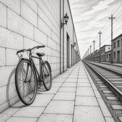 bicyle resting against a wall — Linear Perspective Art Style