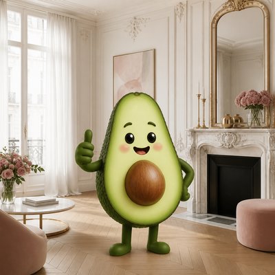 a happy avocado character giving a thumbs up, bold readable design on a plain background, no text