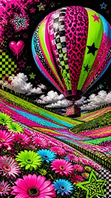 a hot air balloon drifting over rolling flower fields on a sunny day, cheerful, no text