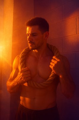 a shirtless man holding a rope around his neck
