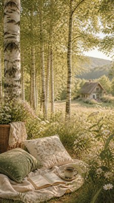 a serene birch forest in soft morning light, no people, no text