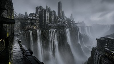 a cliffside city with waterfalls cascading into a misty canyon, wide establishing shot, no people, no text