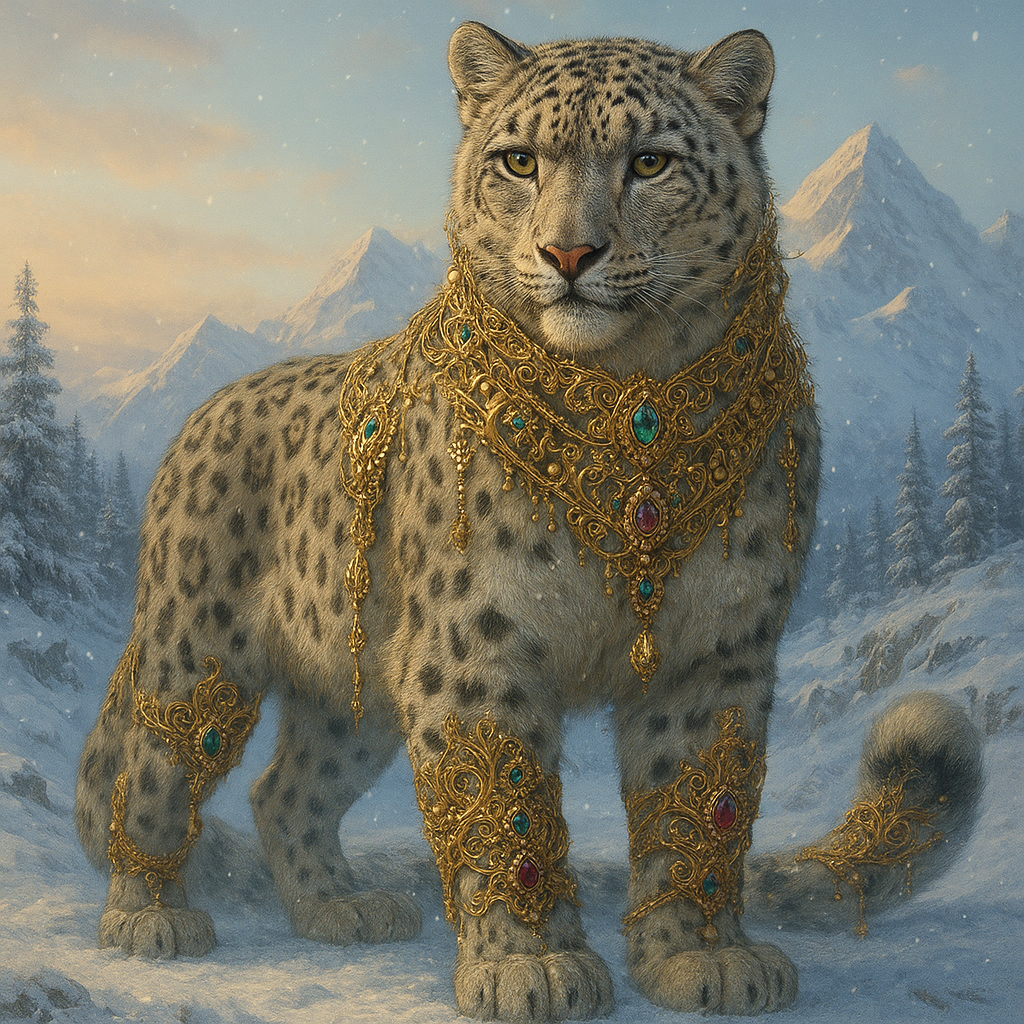 A majestic and regal snow leopard, powerfully built and with its characteristic thick, spotted fur, stands in a pristine, snow-covered mountain landscape. The leopard is lavishly 'blinged' with intricate, ornate jewelry and adornments, seamlessly integrated into its natural grace.

**Focus on:

    Jewelry: Golden chains, collars, and bracelets adorned with large, glittering diamonds, emeralds, sapphires, and rubies. The gems should catch and reflect the light.

    Adornments: Delicate, decorative gold filigree woven into its fur around the neck, paws, and tail. Perhaps small, elegant tassels or silken cords with embedded pearls dangle from its powerful shoulders or tail.

    Overall Effect: The adornments should enhance, rather than overwhelm, the leopard's natural beauty, making it look like an ancient, mythical guardian rather than merely ostentatious.

The setting: A serene, snow-covered Himalayan mountain peak at either dawn or dusk. Soft, diffused light highlights the leopard's fur and makes the jewels sparkle. Snow-dusted pine trees, icy rock formations, and a clear, frosty sky with hints of pastel colors. Subtle falling snowflakes catch the light. The atmosphere is magical and awe-inspiring.

Artistic Style: Highly detailed photorealism with a touch of fantastical elegance. Emphasize light play on the jewels and fur, deep depth of field, and a captivating gaze from the leopard. Cinematic quality, ultra-fine details.