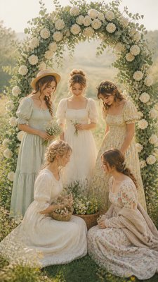 an arch of white roses and eucalyptus in soft morning light, elegant vertical composition with open space, no text