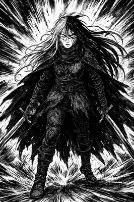 a black and white drawing of a woman with long hair