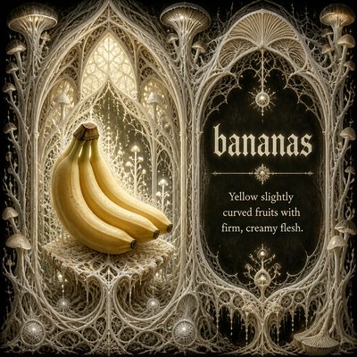 Please create a flashcard for the spelling word: bananas and it's definition: Yellow slightly curved fruits with firm, creamy flesh.