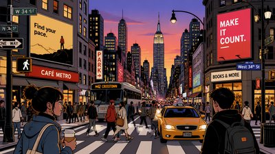 bustling city street panorama at dusk
