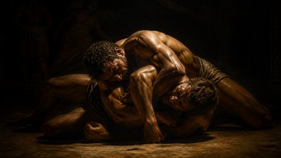 ancient greek wrestlers fighting on the ground