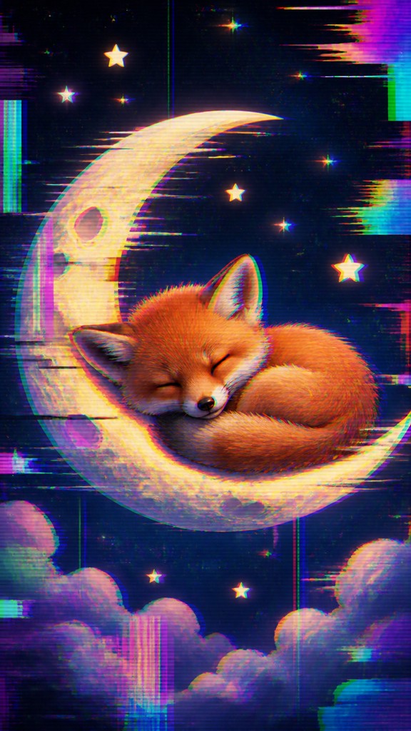 a sleeping baby fox curled on a crescent moon among soft stars, gentle and warm, no text