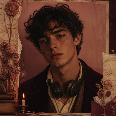 head-and-shoulders portrait of an original character: a young man with curly dark hair and headphones around his neck, plain backdrop, no text
