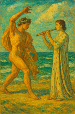 a painting of a man and a woman on the beach