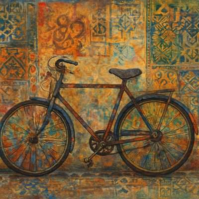 bicyle resting against a wall