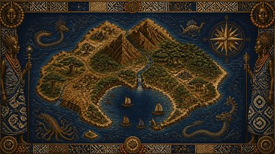 a map of an island realm with mountains, forests, a sheltered bay, sea monsters in the water and a compass rose, no text labels