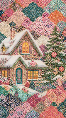 a snow-covered cottage with warm glowing windows beside a decorated pine tree, gentle snowfall, no text