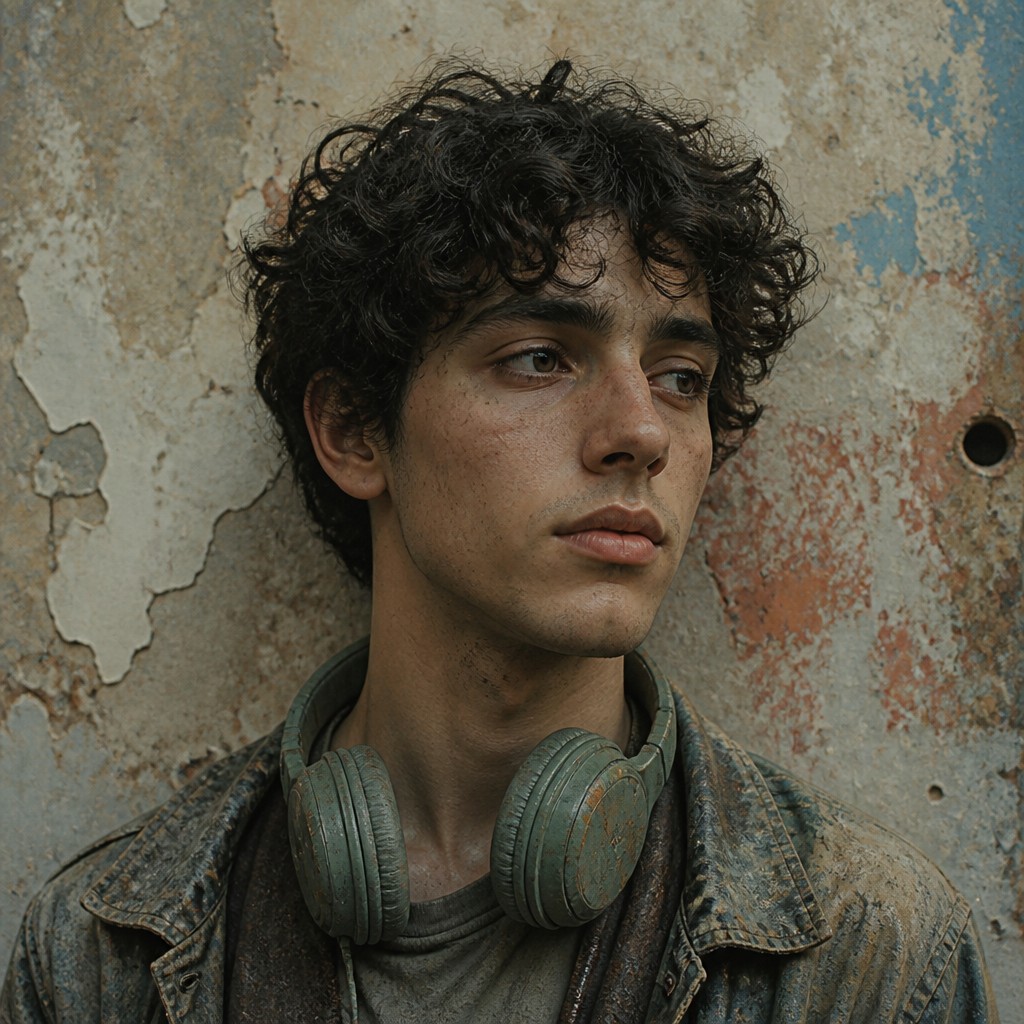 head-and-shoulders portrait of an original character: a young man with curly dark hair and headphones around his neck, plain backdrop, no text