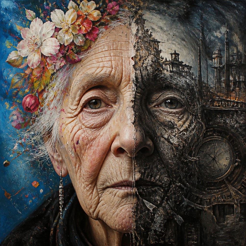 close-up portrait of an elderly person with expressive weathered features — Bold Juxtaposition Art Style