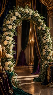 an arch of white roses and eucalyptus in soft morning light, elegant vertical composition with open space, no text