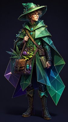 full-body original character: a wandering botanist with a satchel of plants, a patched green cloak, tall boots and round glasses, neutral background