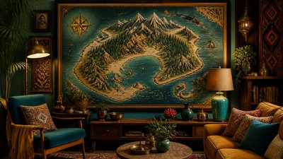 a map of an island realm with mountains, forests, a sheltered bay, sea monsters in the water and a compass rose, no text labels