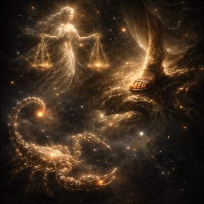 A picture of the heavenly Libra in constellation style combined with Scorpio and the foot of Ophiuchus “For your obedience is come abroad unto all men. I am glad therefore on your behalf: but yet I would have you wise unto that which is good, and simple concerning evil. And the God of peace shall bruise Satan under your feet shortly. The grace of our Lord Jesus Christ be with you. Amen.” (Romans 16:19-20, KJV)
