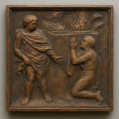 a sculpture of two men in front of a fire