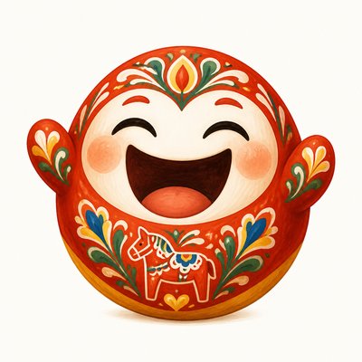 an exaggerated laughing face of an original round mascot character, bold and readable at small size, plain background, no text