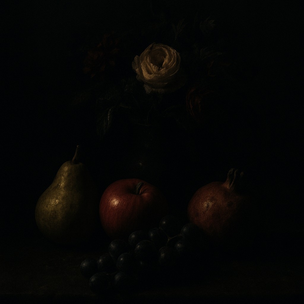 still life arrangement of fruits and flowers