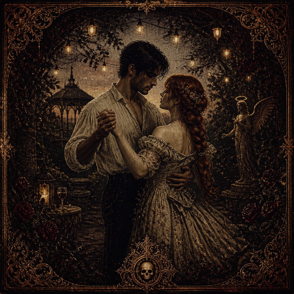 an original couple dancing under string lights in a garden at dusk: a man with short black hair in a linen shirt and a woman with braided red hair in a summer dress