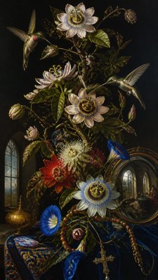 a climbing vine of flowers and hummingbirds on a dark background, tall wrapping composition, no text