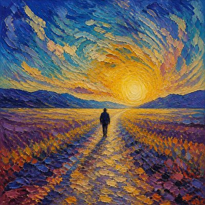 a solitary figure walking toward a glowing horizon across an empty plain, moody atmosphere, no text or lettering