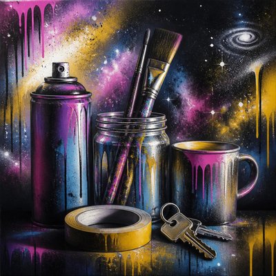 still life with everyday objects — Spray Paint Art Style