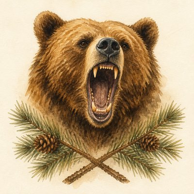 a roaring bear head above crossed pine branches, bold graphic composition on a plain background, no text