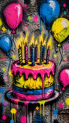 a birthday cake with lit candles surrounded by balloons and confetti, festive vertical composition, no text