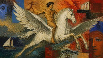ancient greek ignudi athlete riding on the winged horse Pegasus

