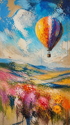 a hot air balloon drifting over rolling flower fields on a sunny day, cheerful, no text