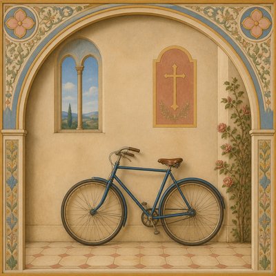 bicyle resting against a wall — Nazarene Art Style