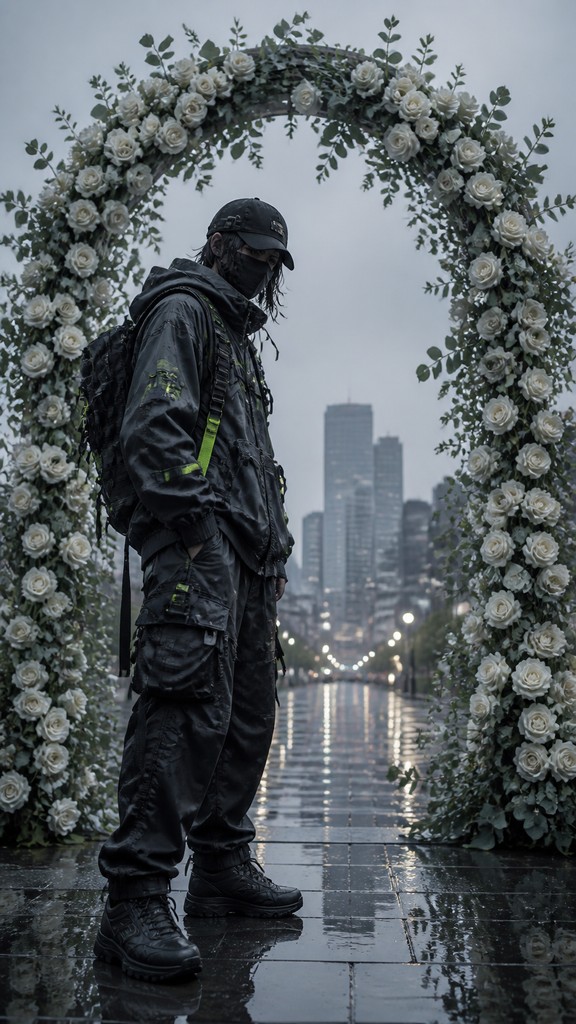 an arch of white roses and eucalyptus in soft morning light, elegant vertical composition with open space, no text