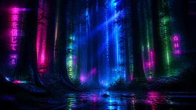 a panoramic redwood forest with light rays through mist, no people