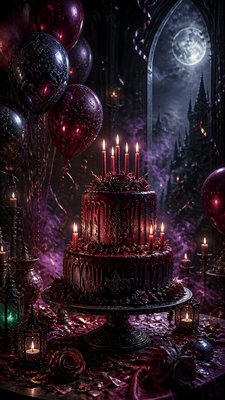 a birthday cake with lit candles surrounded by balloons and confetti, festive vertical composition, no text