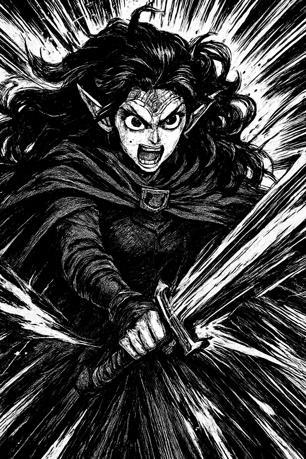 a black and white drawing of a woman with a sword
